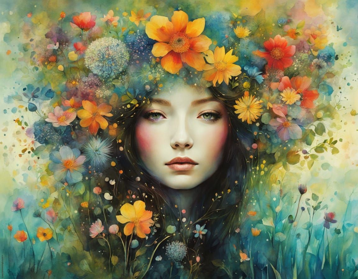 Whimsical Wildflower Dreamscape in Vibrant Cubist Style