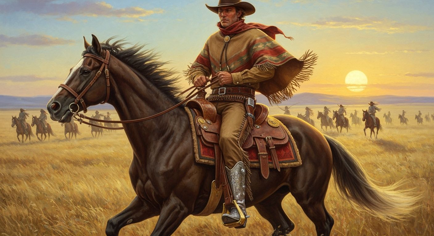 Cowboy Escape Across Prairie Landscape in Western Art Style