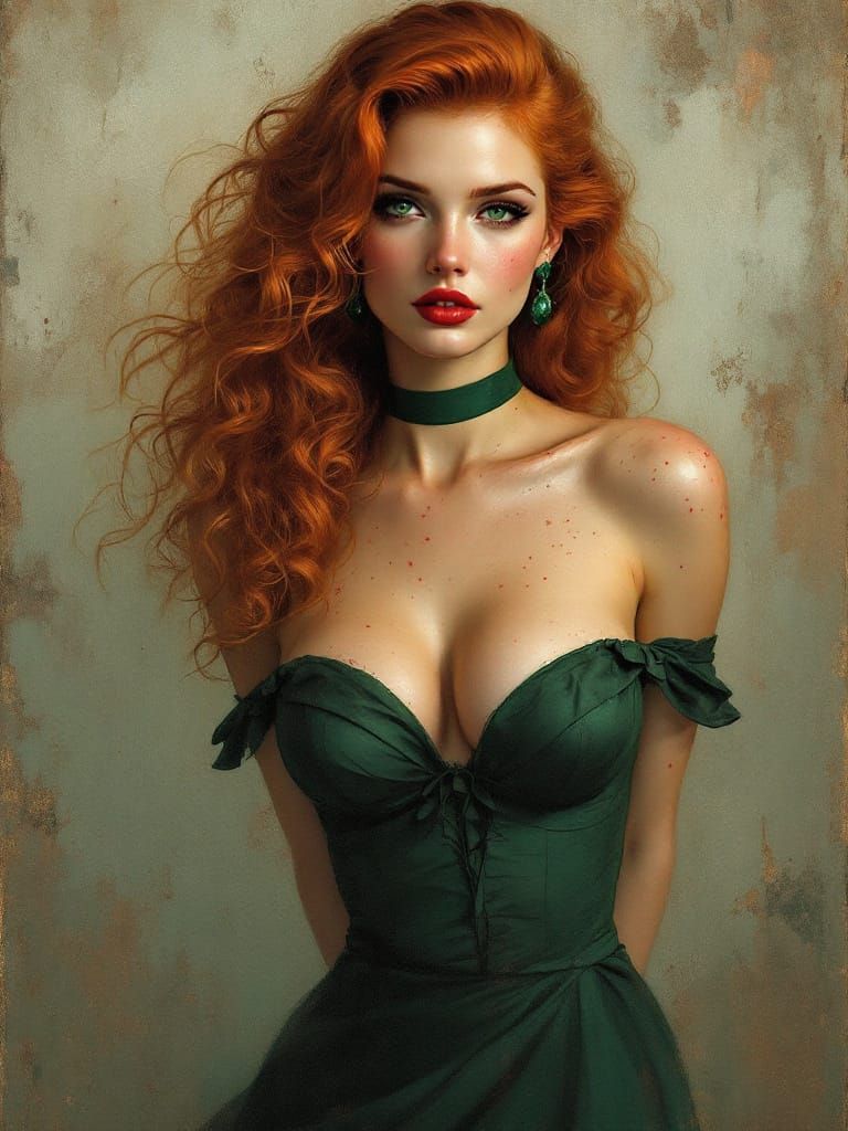 Pin-Up Woman with Red Hair and Emerald Accents