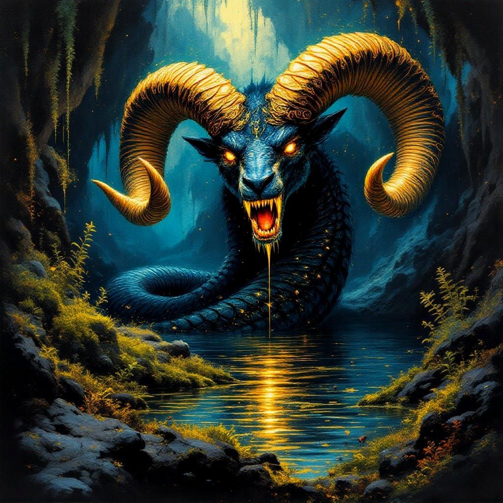 Ram-Horned Serpent Emerges in Ink Splatter Cave