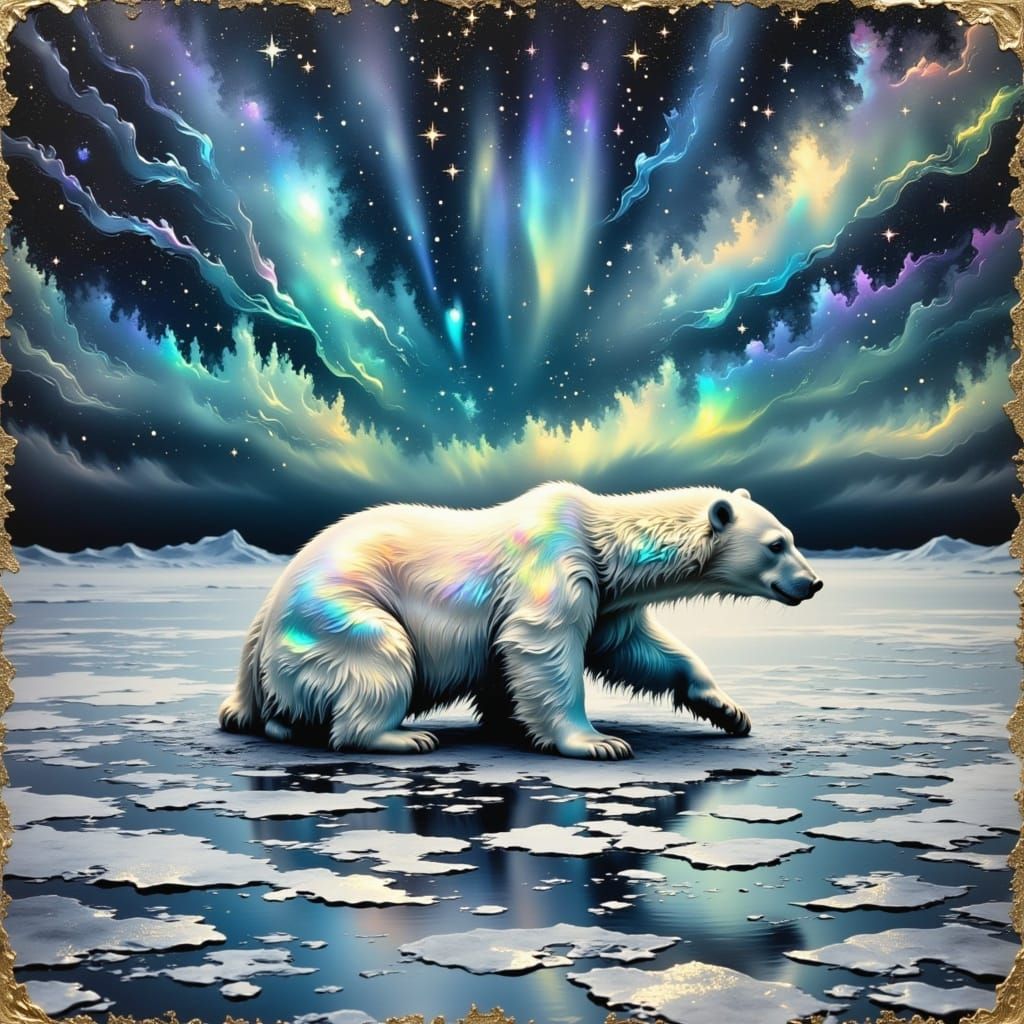 Ethereal Polar Bear Under Aurora Borealis in Iridescent Wate...
