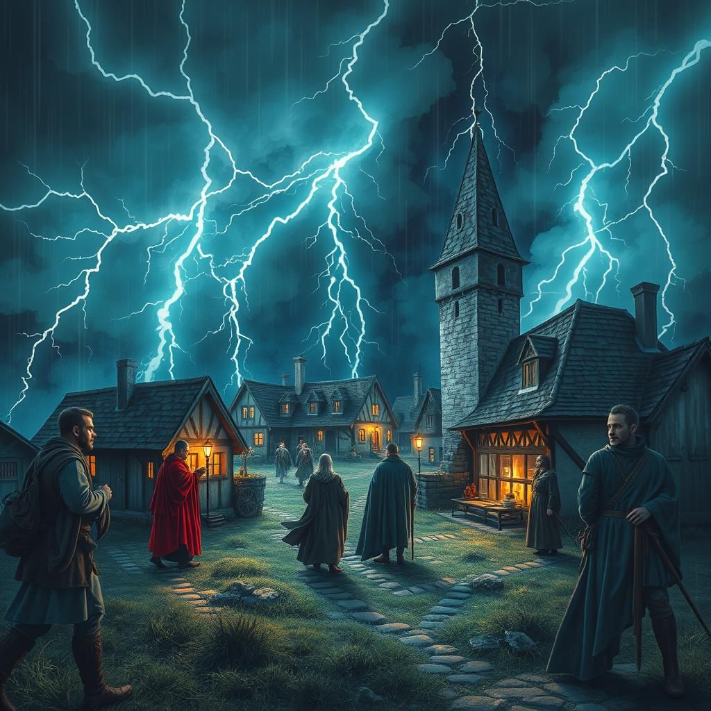 Medieval Village in Thunderstorm, Mixed Media Illustration