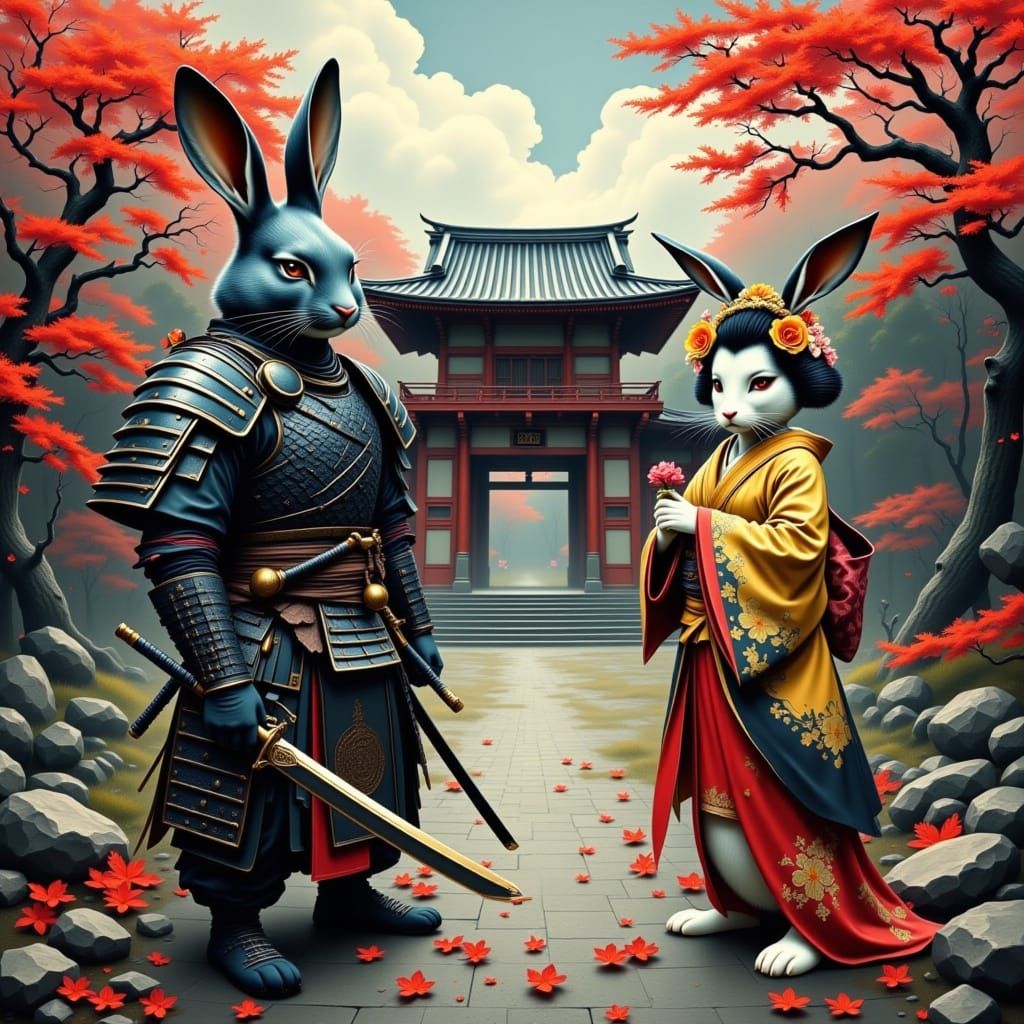 Bunny Samurai and Geisha in Ancient Japanese Shrine
