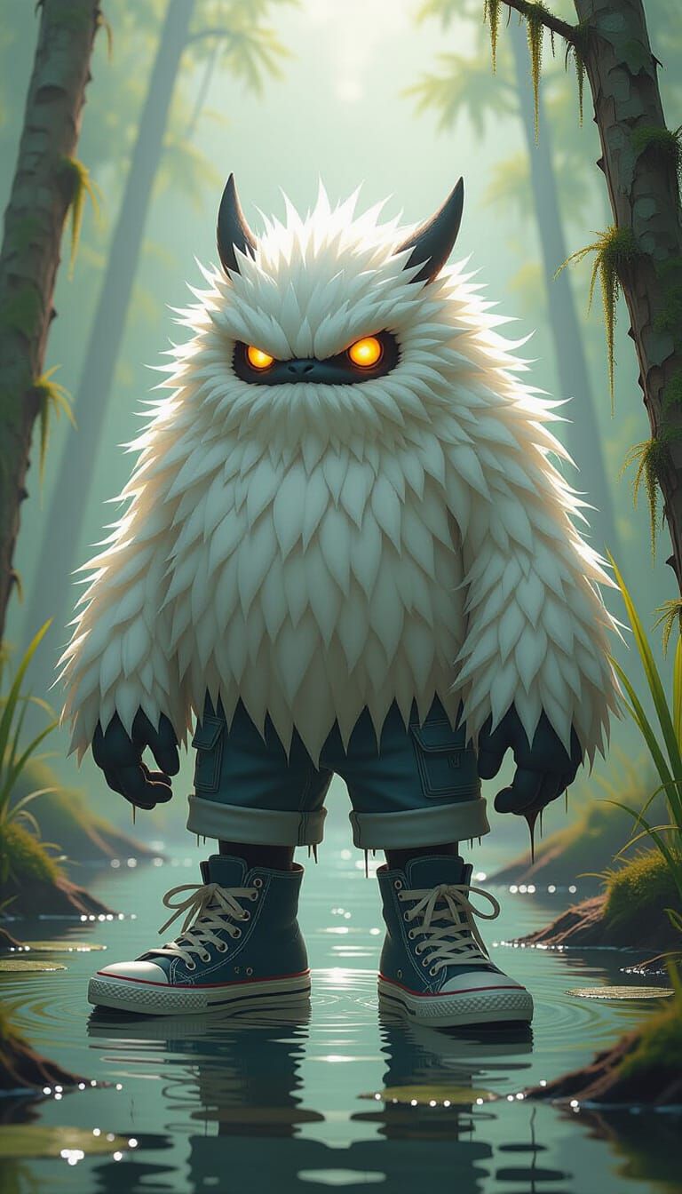 Fluffy Swamp Monster in Tennis Shoes: Detailed Digital Art