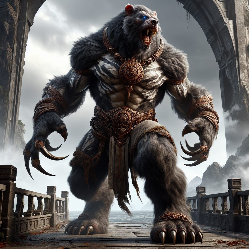 Giant Werebear Rending Bridge: Fantasy Matte Painting