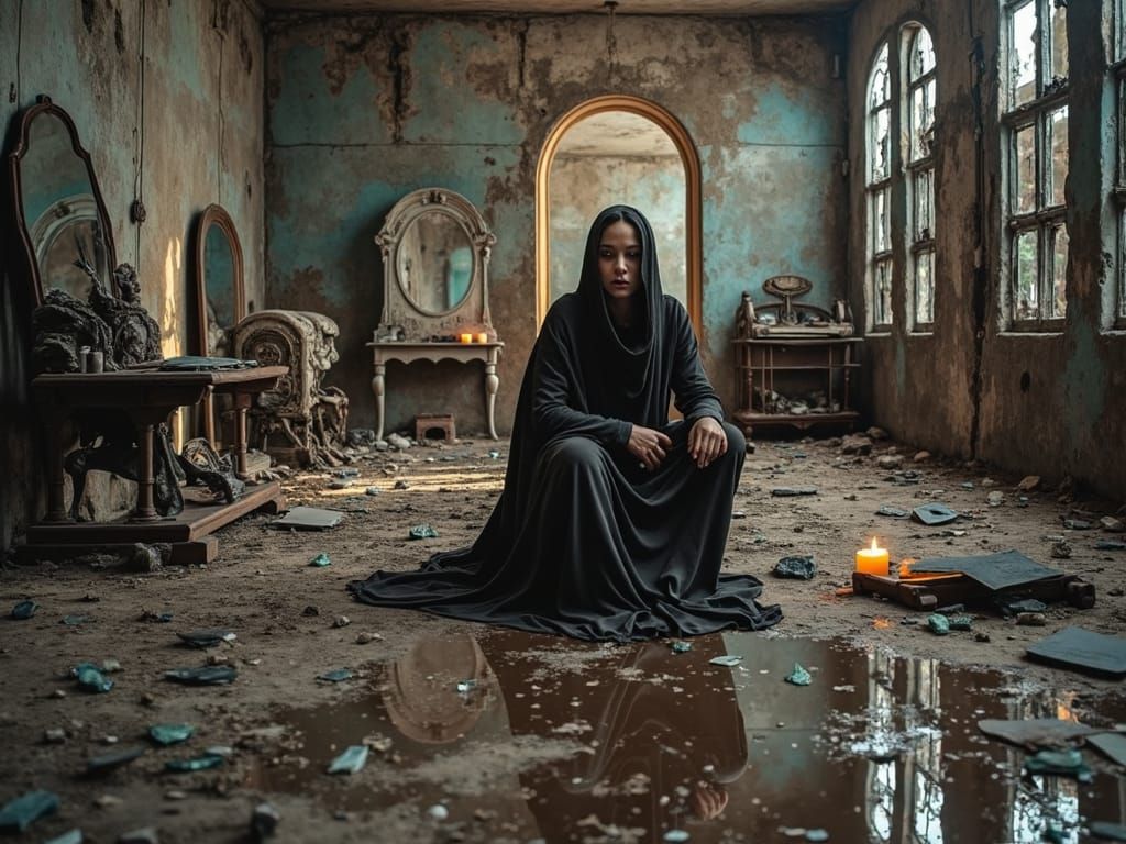 Eerie Dystopian Chamber with Shattered Mirrors