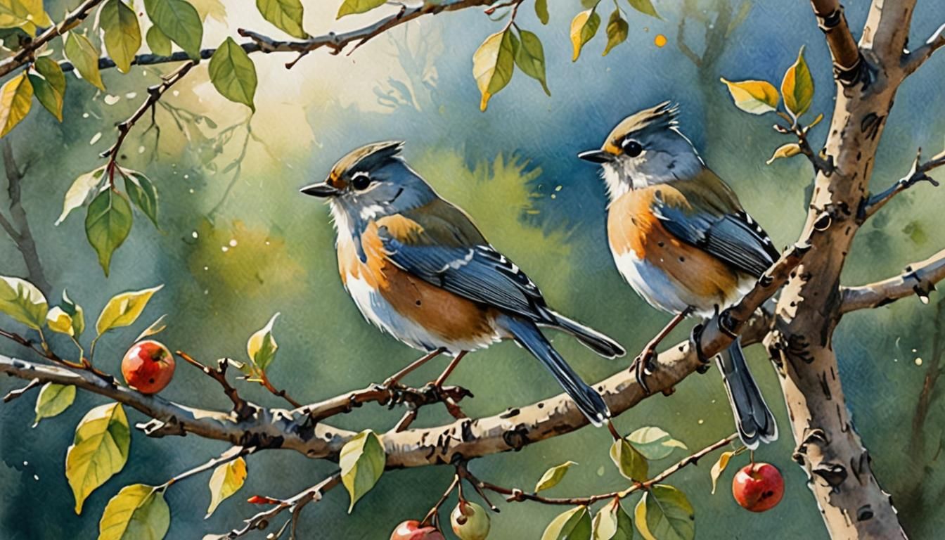 Watercolor Robin and Titmouse in Dappled Sunlight
