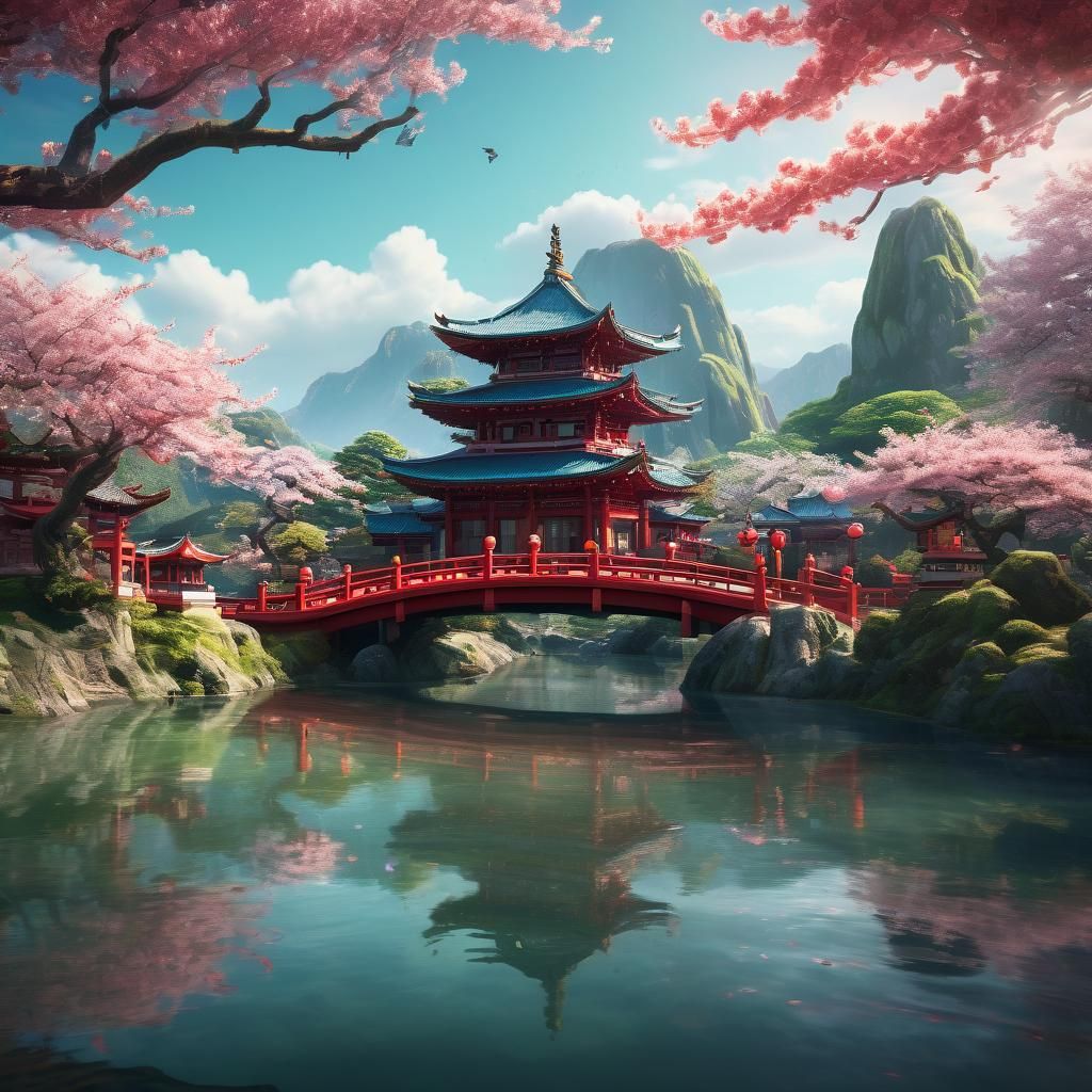 Floating Japanese Temple with Dragon, Digital Matte Painting