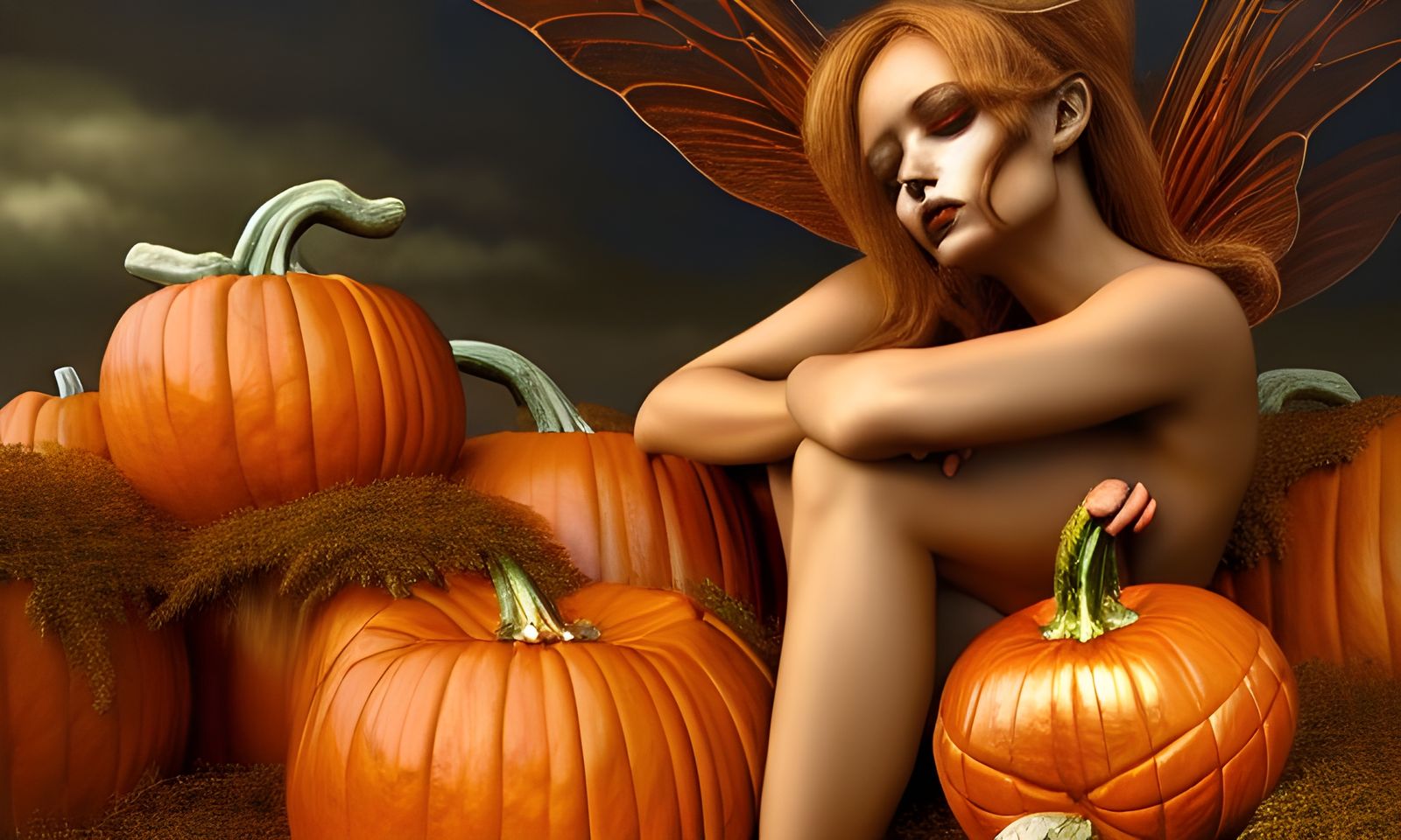Tan Fairy on Pumpkin Pile: Photorealistic Painting