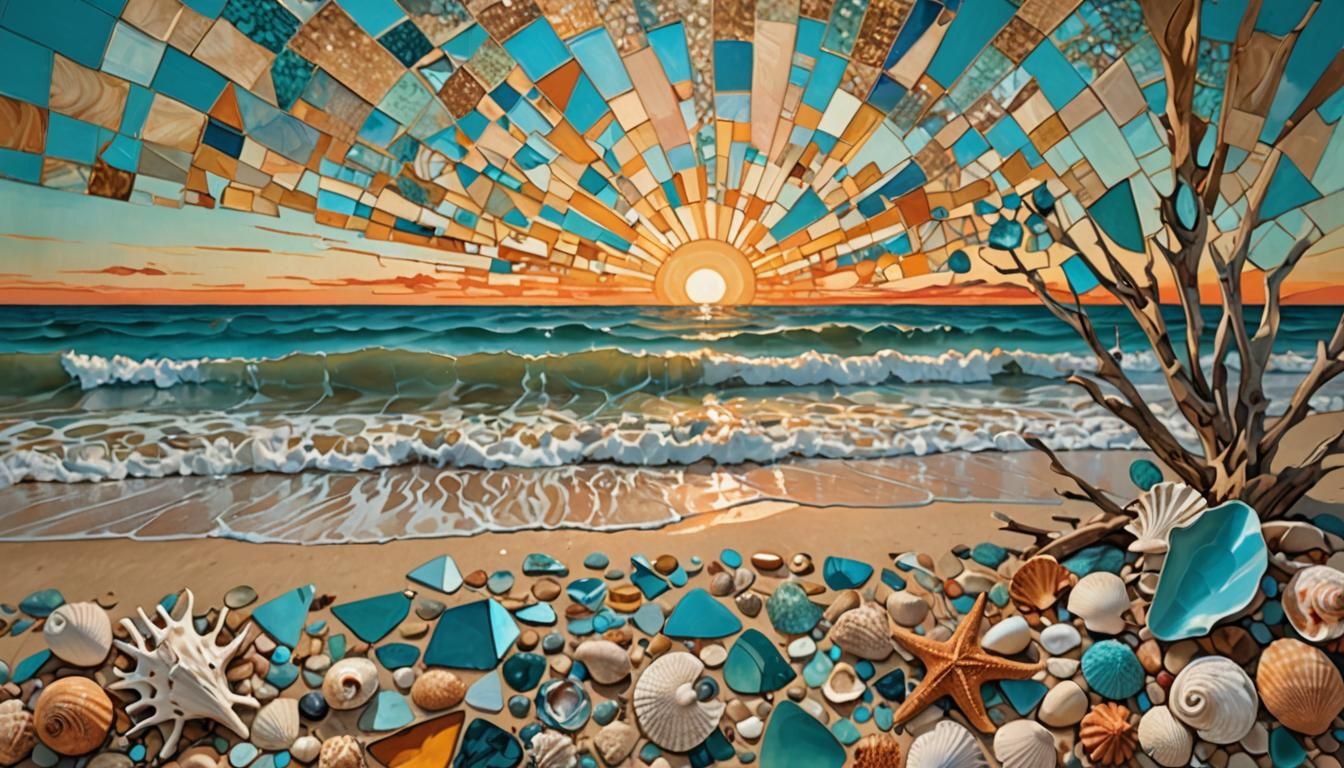Cubist Beach Sunset with Geometric Fragments