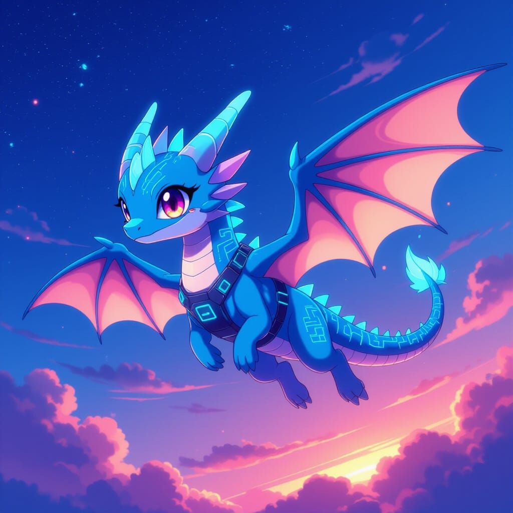 Electric Wyvern Soaring in Neon Sky: Anime Style