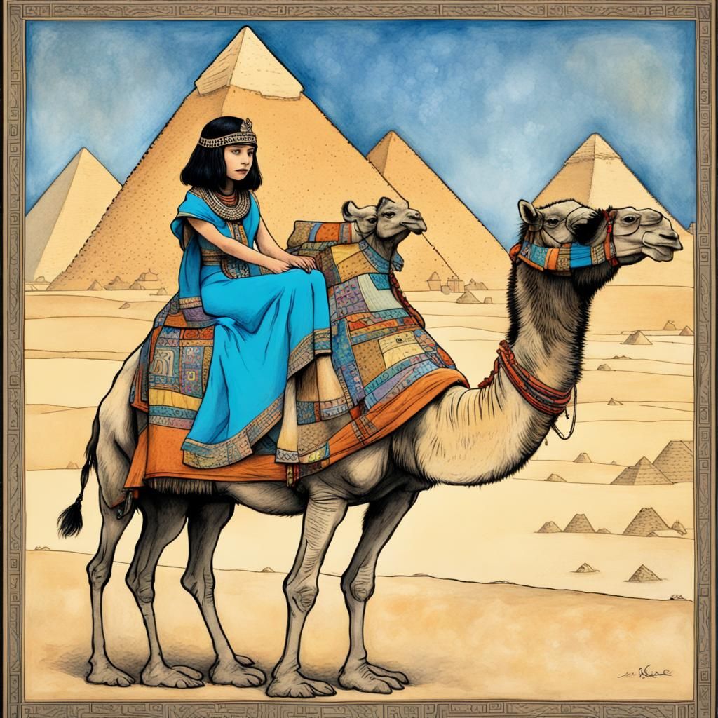 Egyptian princess wearing colorful robes riding a two-hump c...
