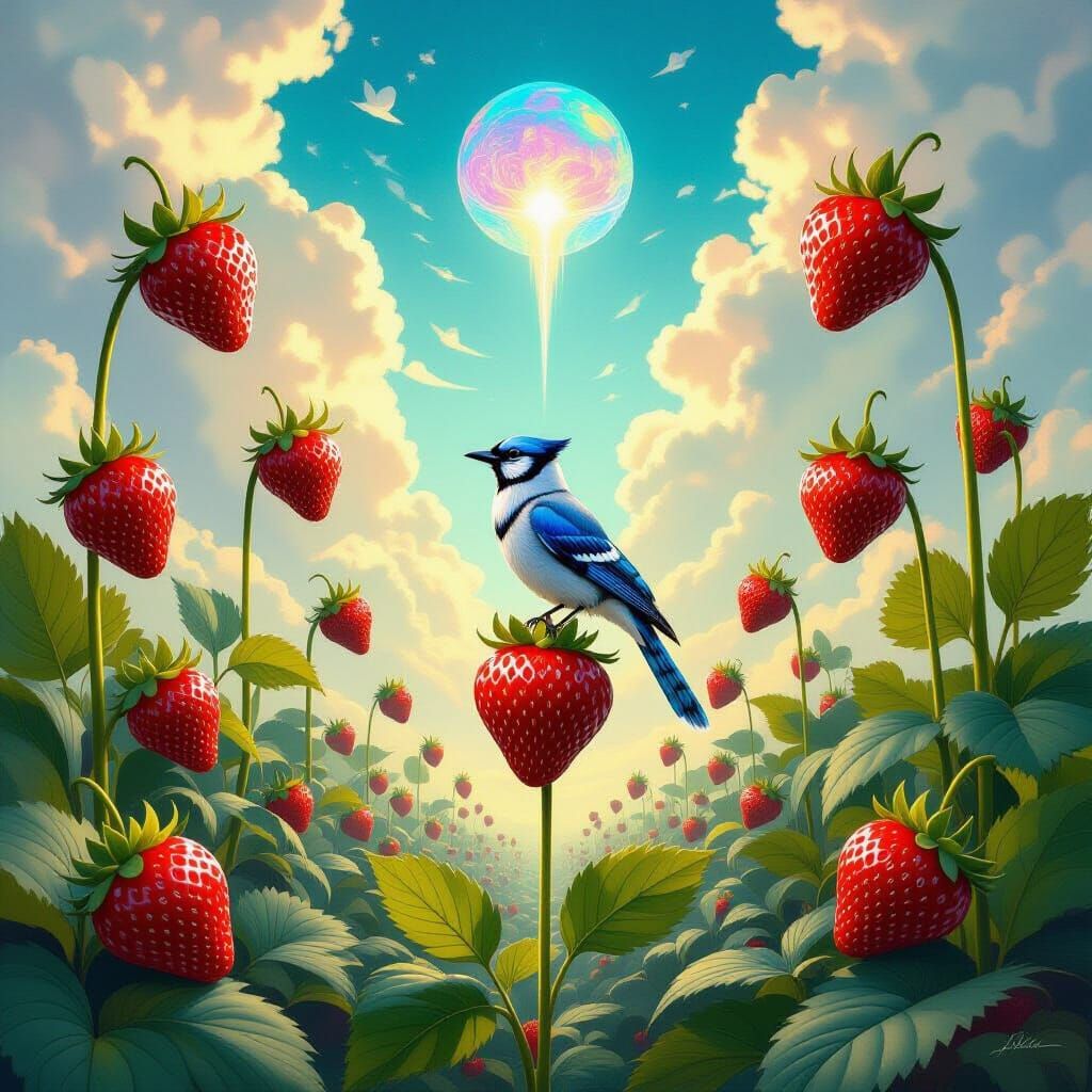 Surreal Giant Strawberries Under Alien Sky with Blue Jay