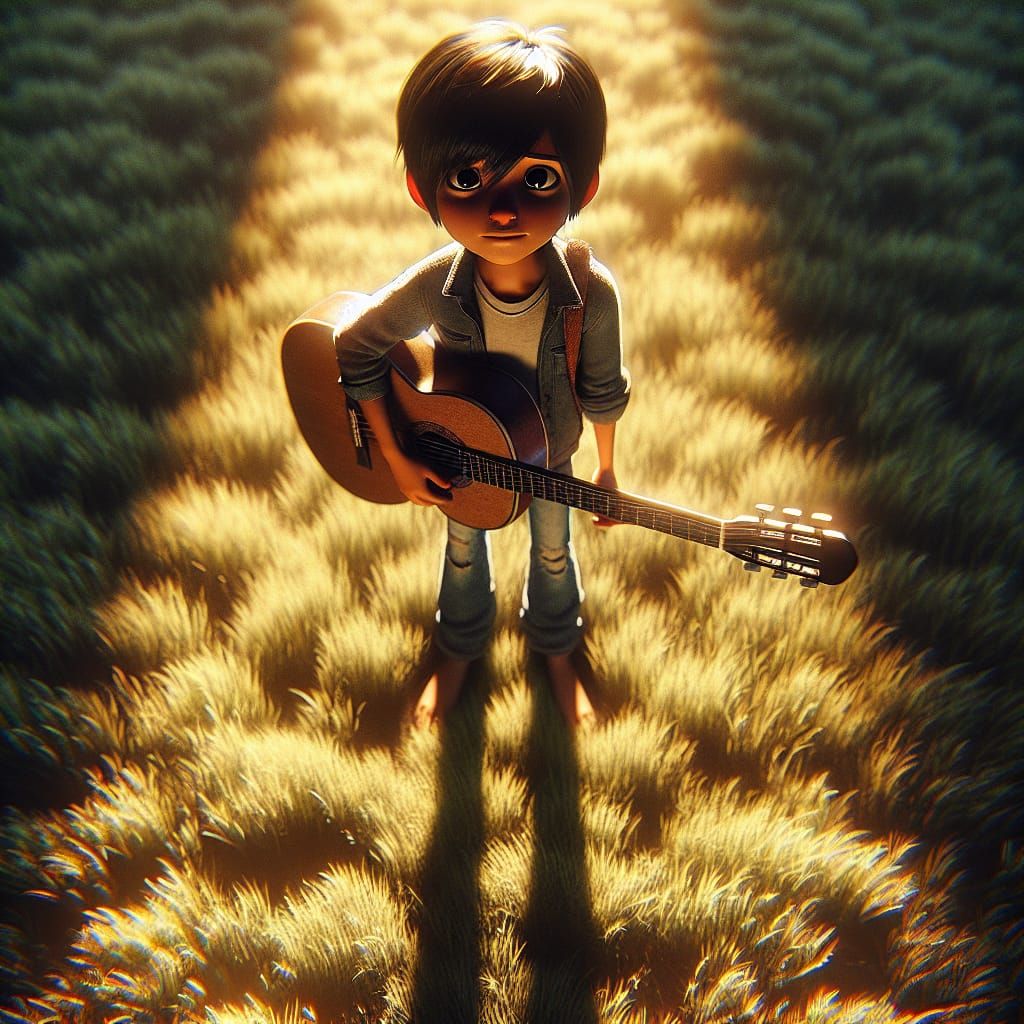 Boy with Guitar in Golden Sunlight