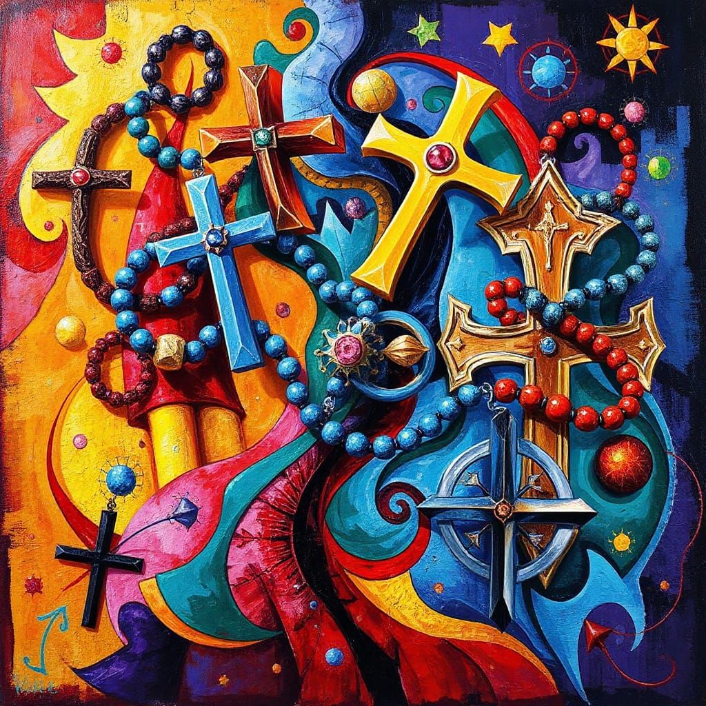 Vibrant Crosses and Rosary Beads in Dynamic Sacred Geometry
