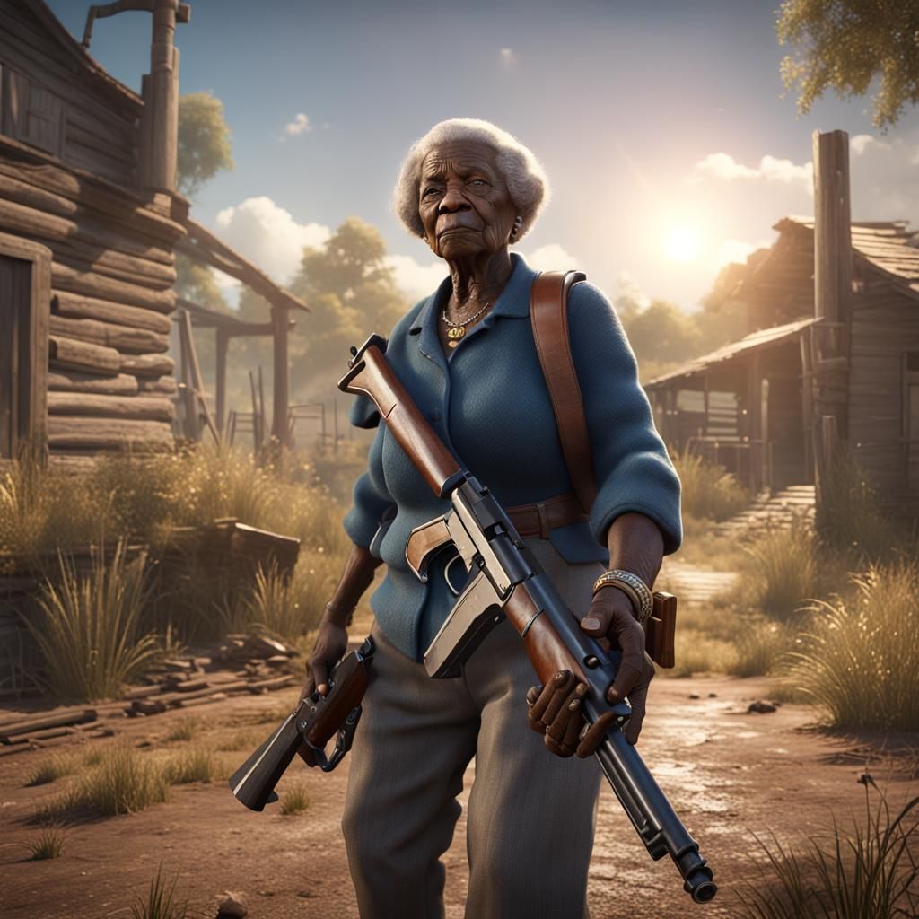 Elderly Woman with Colt 45 in 3D Cinematic Style