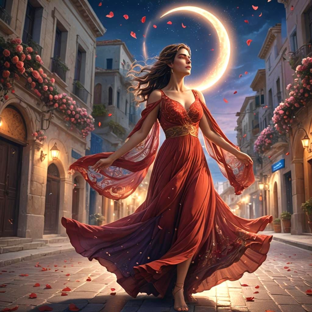 Greek Women Dancing in Red Dresses, Fantasy Art