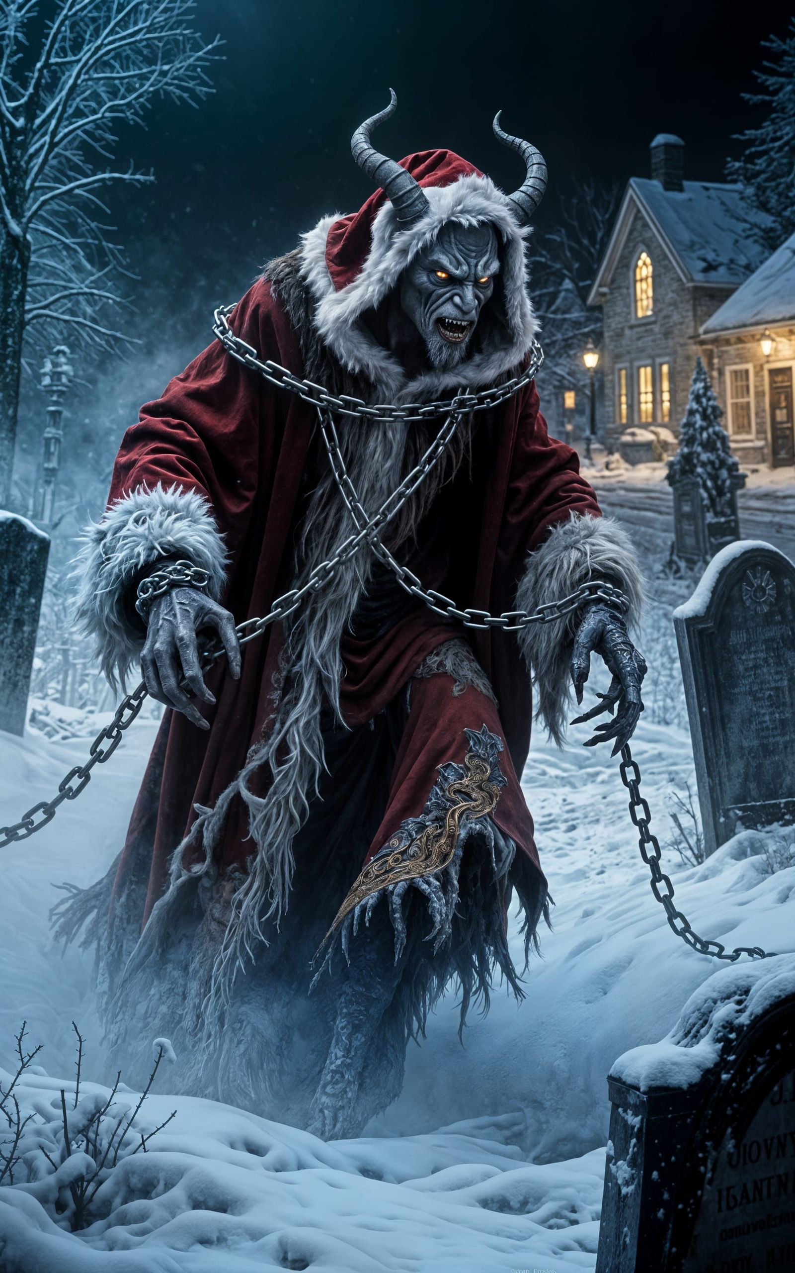 Krampus Demon in Snowy Graveyard at Night
