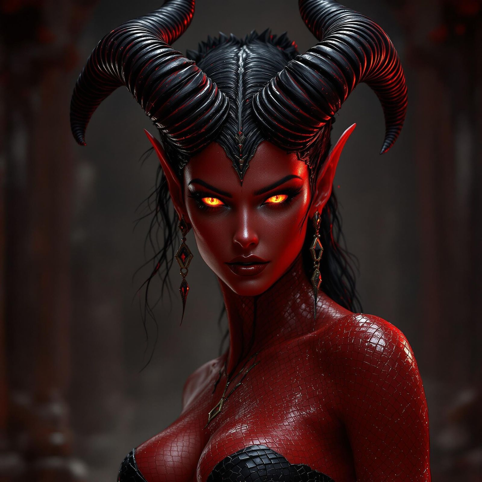 Photorealistic full body shot of a female demon. Her crimson skin gleamed against the obsidian walls of the hellish cast...