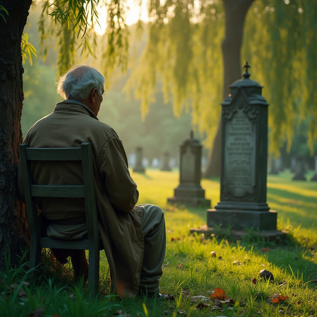 Elderly Man Reflects in a Serene Graveyard Scene
