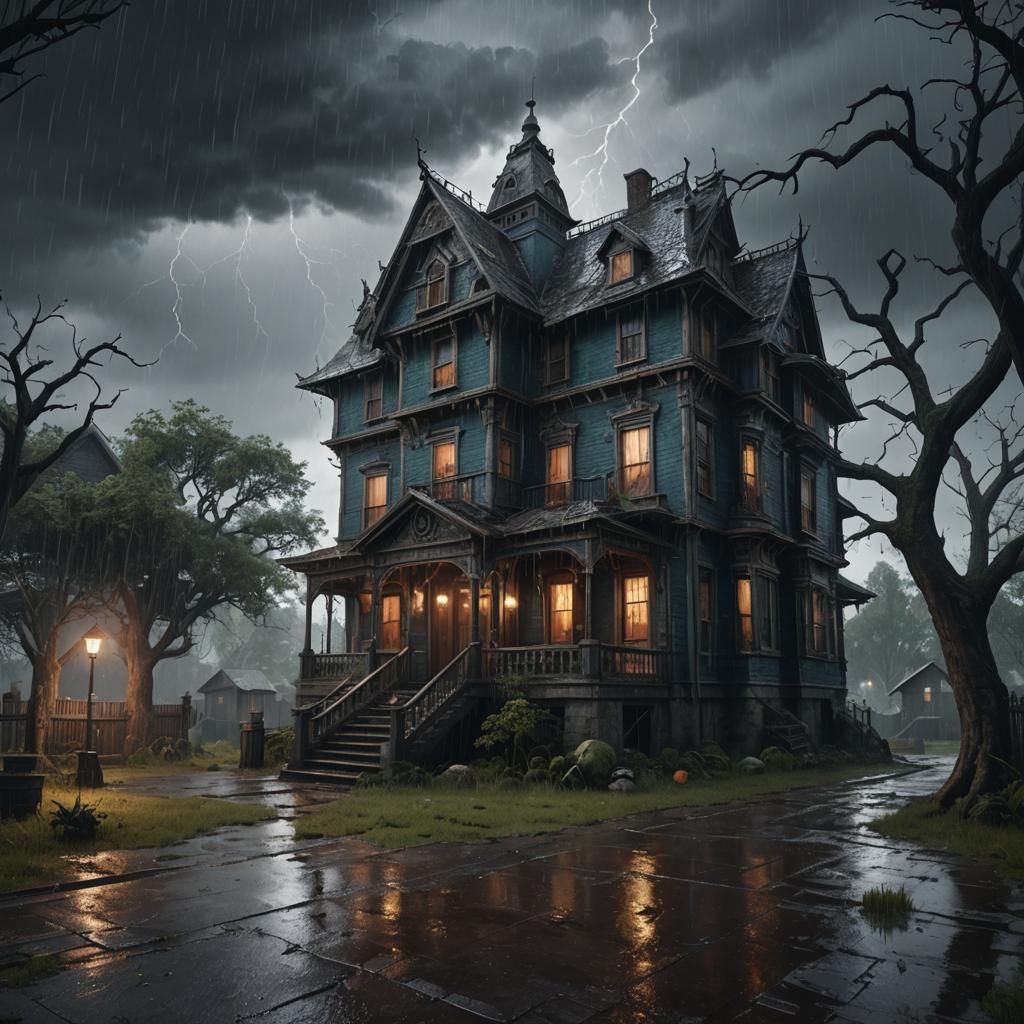 Creepy Horror House in Rainstorm: Detailed Matte Painting