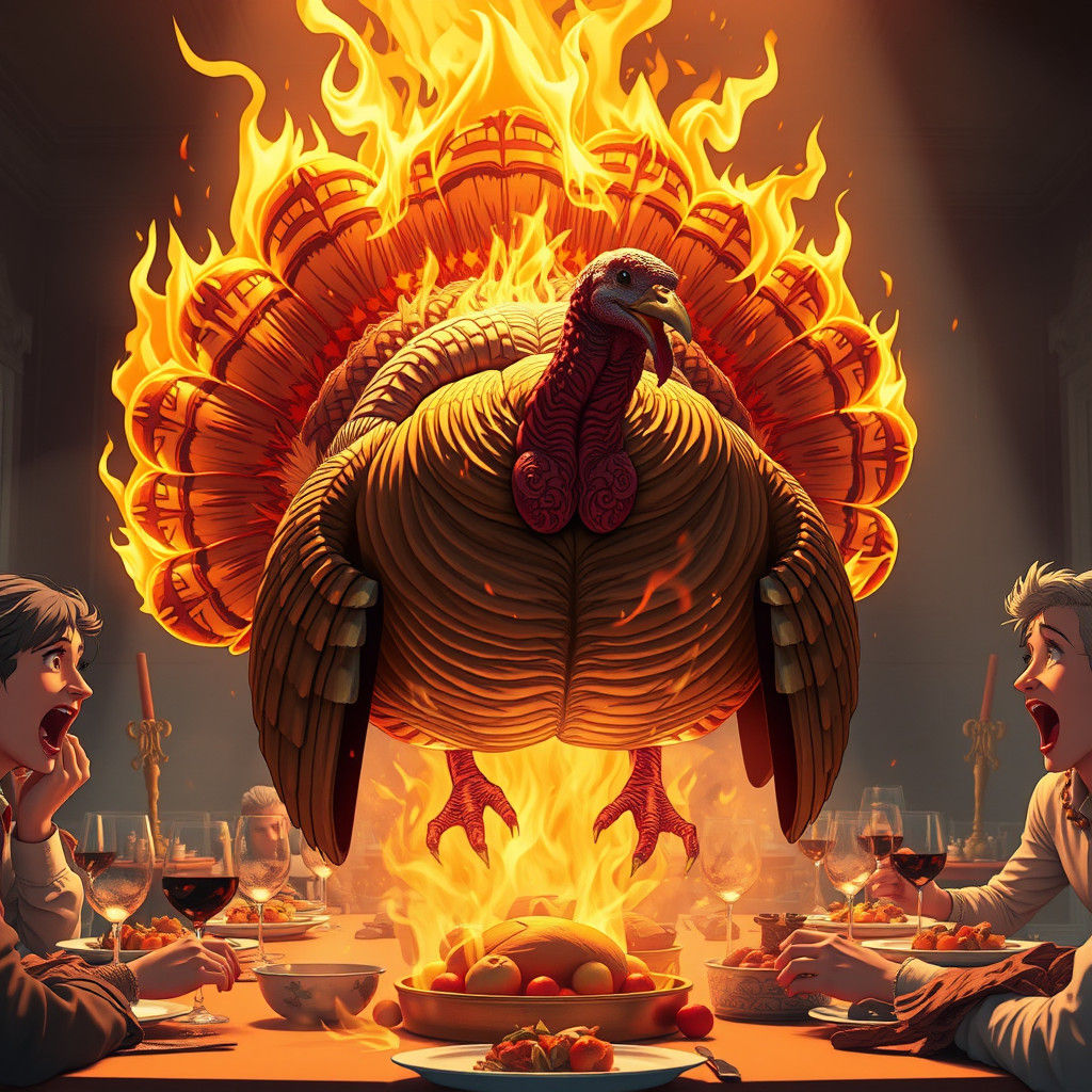 Fiery Turkey Erupts, Dinner Guests Panic: Anime-Inspired 3D ...