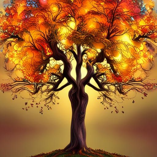 Colorful Tree in Golden Light: Hyperrealistic Splash Art