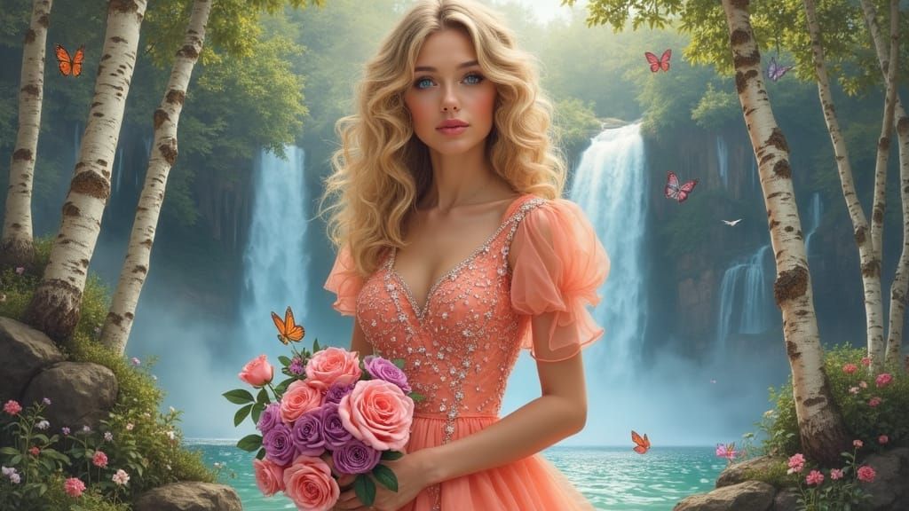 Woman in Peach Dress with Rainbow Roses