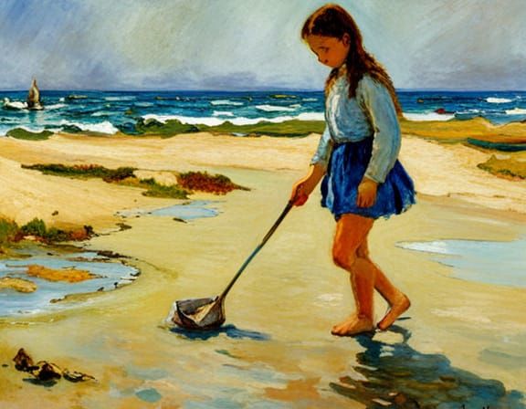 Girl Collecting Shells on Beach in Impressionist Style