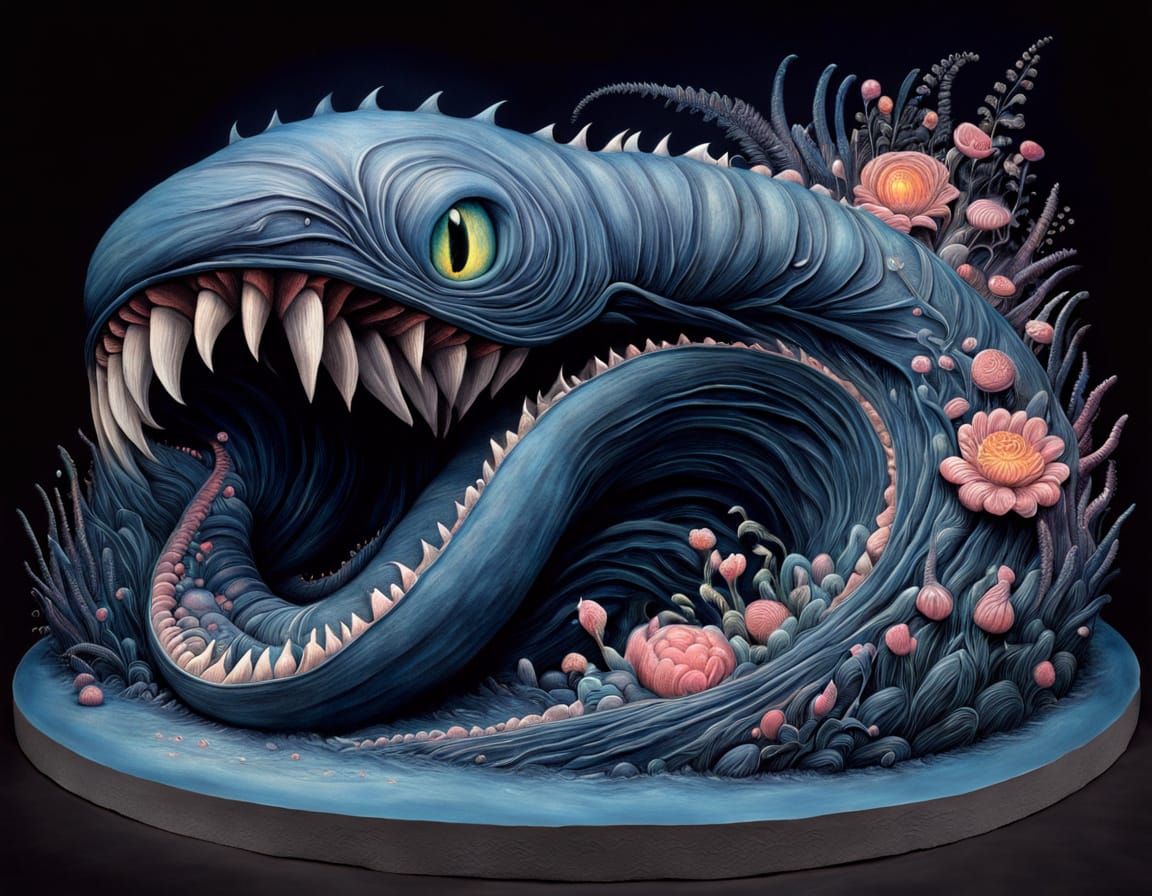 Freestanding Colossal Biolucent Denim Sandworm in Dramatic P...