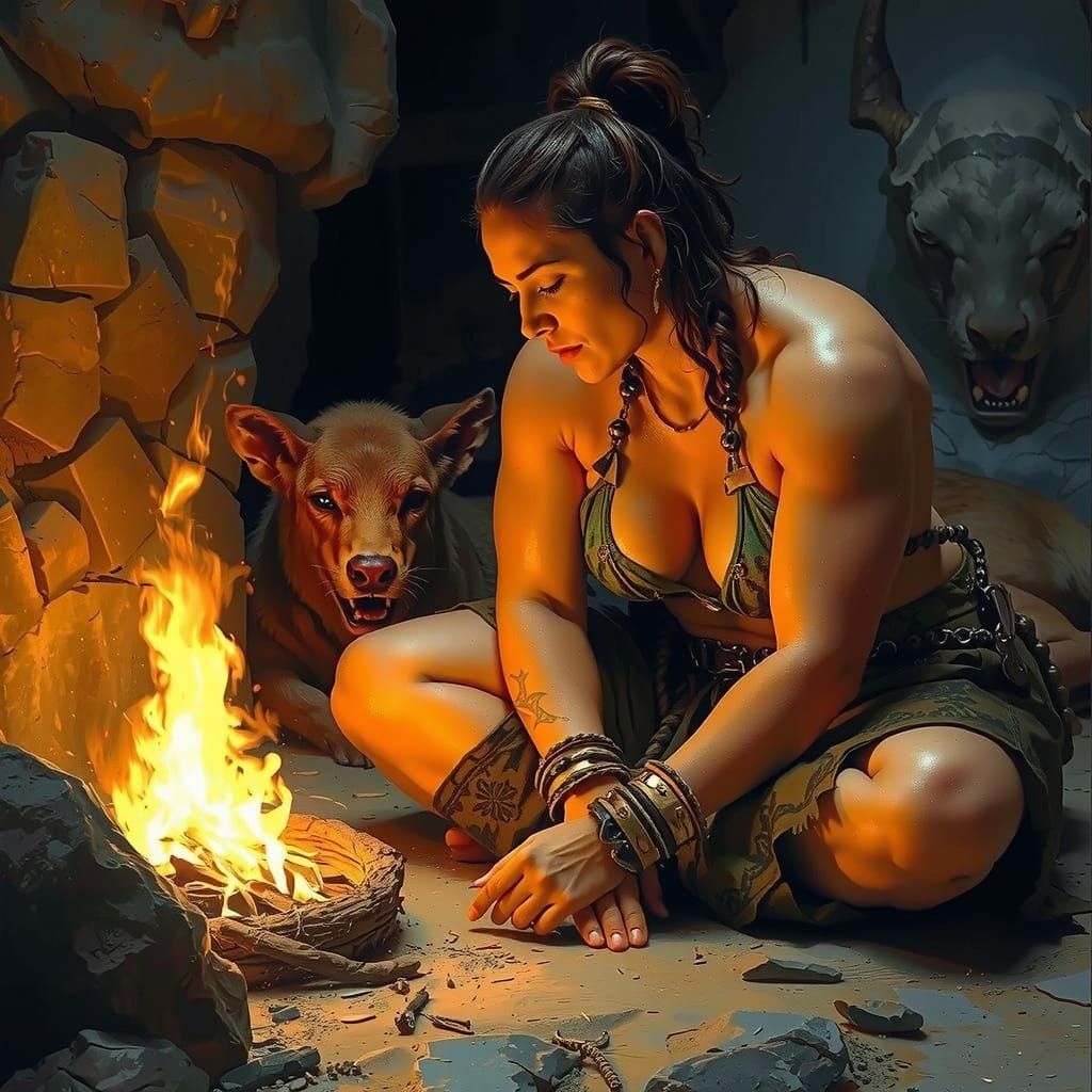 Massive Muscular Barbarian Warrior Sleeps by Fire