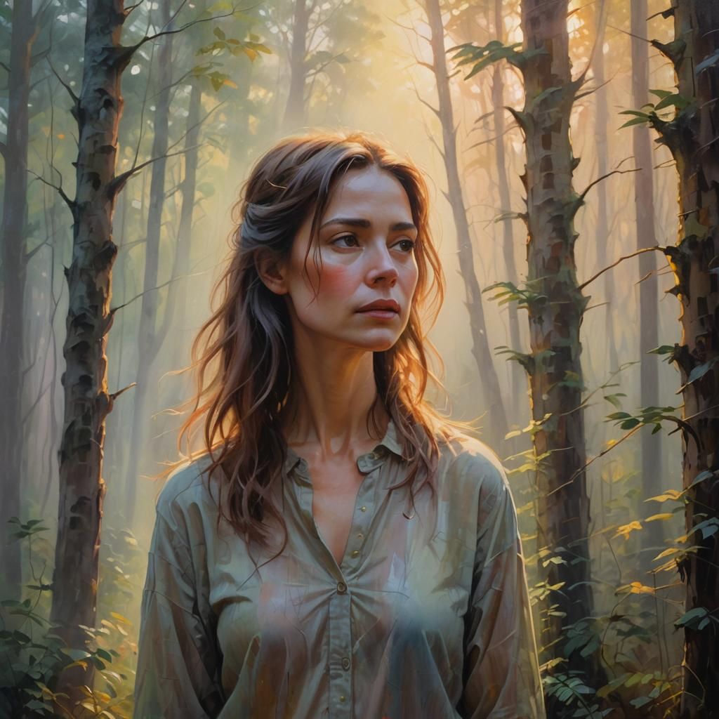 Woman in Misty Forest: Vibrant Oil Painting