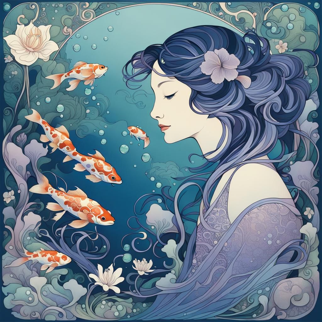 Calico Koi Fish in Art Nouveau Style