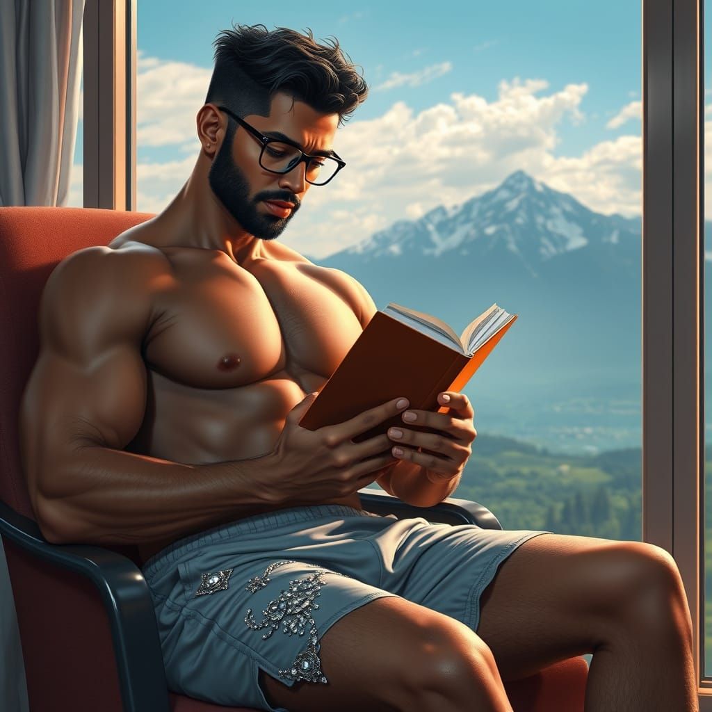 Indian Man Reading Book Overlooking Swiss Landscape