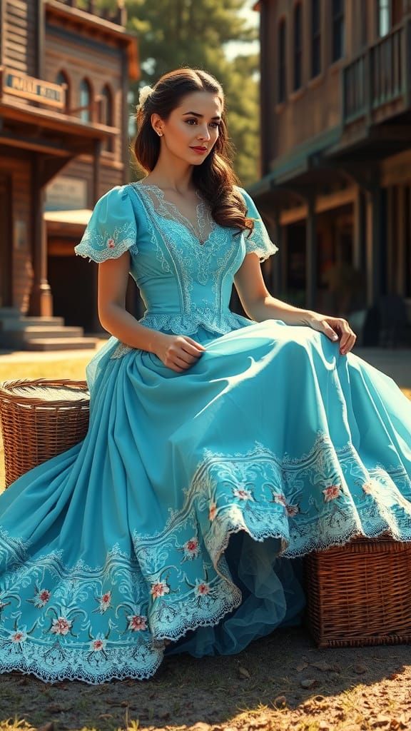 Elegant Woman in Sky-Blue Gown, 19th-Century Wild West Setti...