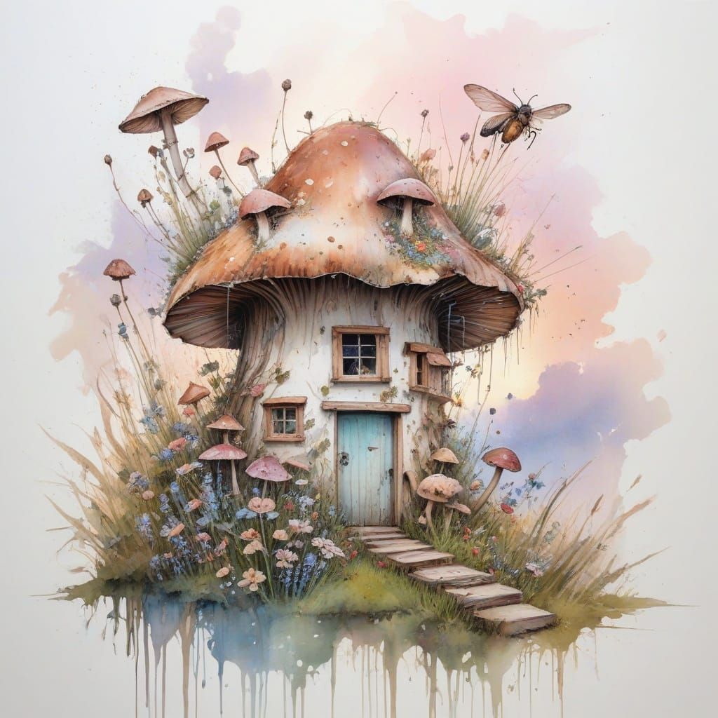 Whimsical Mushroom House Amidst Blooming Wildflowers and Ins...