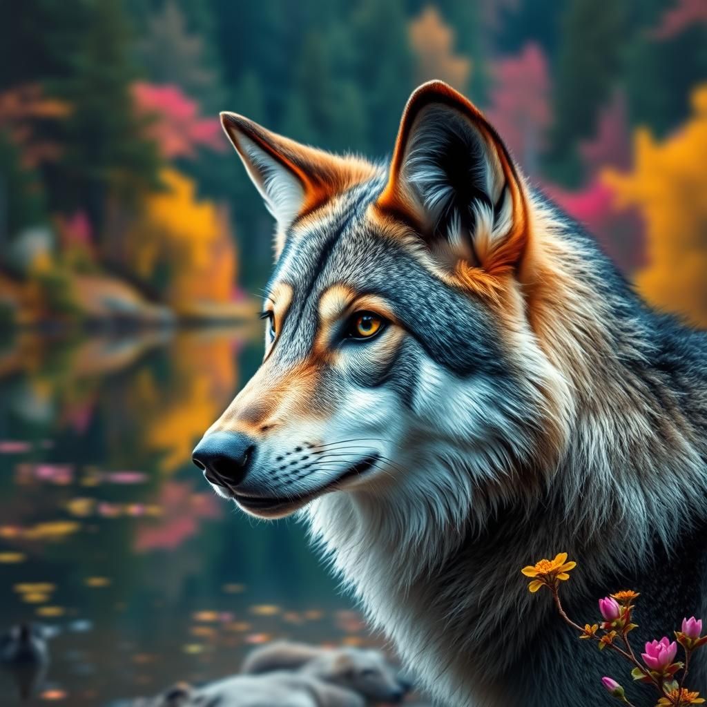 Wolf by Colorful Spring Lake Illusion