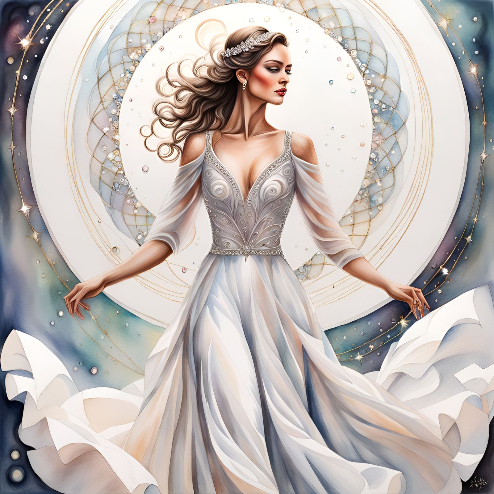 Woman in White Dress Twirling: Watercolor Painting