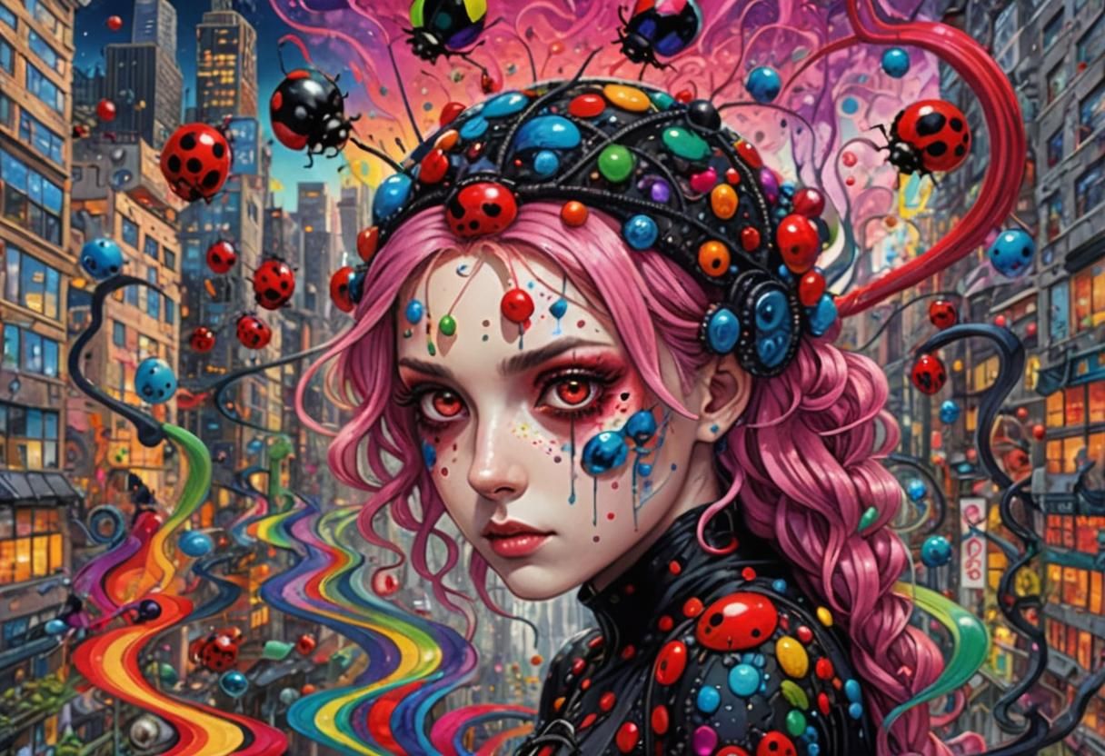 Anime Girl with Ladybug Antennae in Dark City