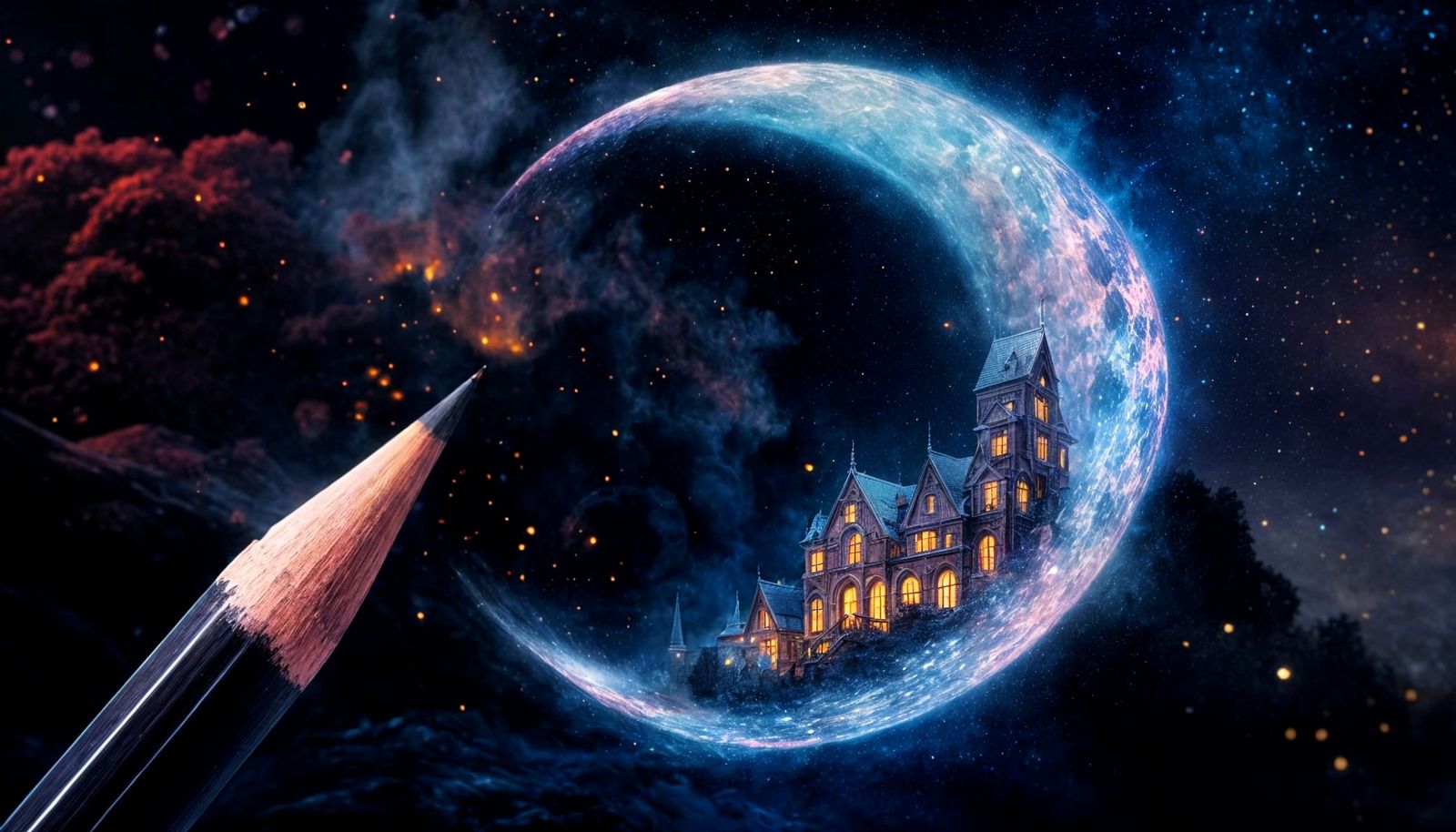 Fantasy Village on Crescent Moon in Graphite Style