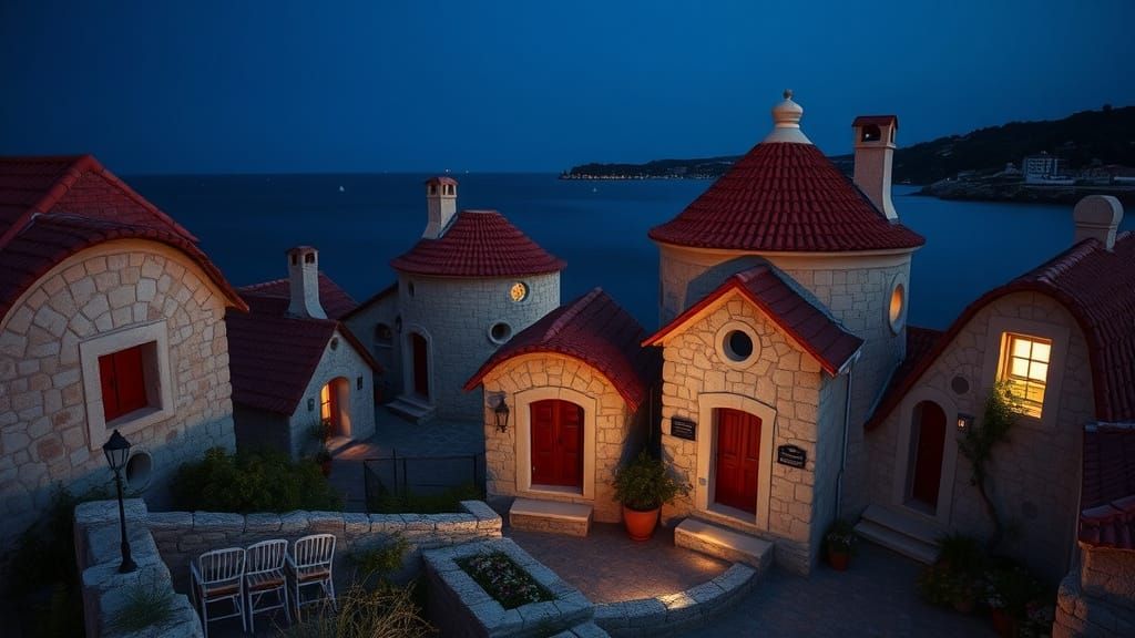 Whimsical Dalmatian Village at Night in Photorealistic Style