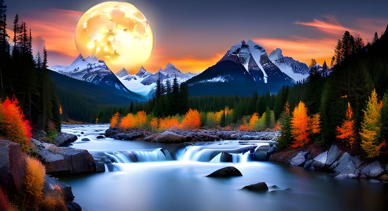 Mining Town by Rapids River Under Moonlight