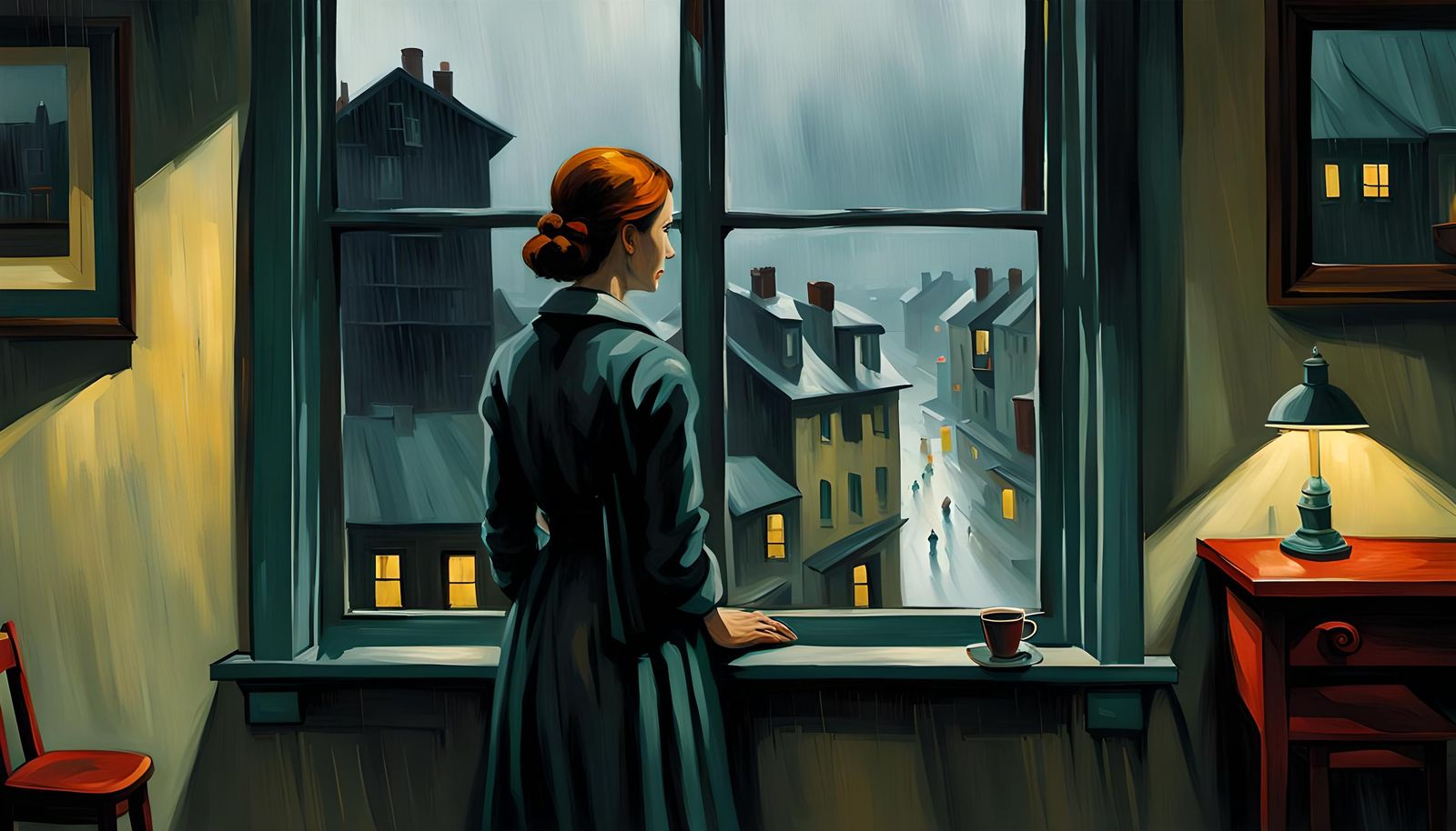 Melancholy Woman in Rainy Village, Hopper Style