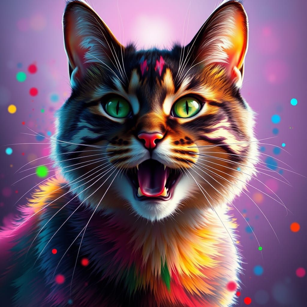 Joyful Feline Portrait in Vibrant Rainbow Hues