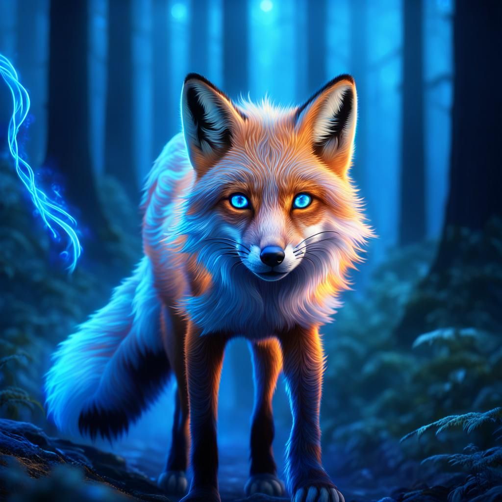 Glowing Magical Fox Roaming Misty Forest at Night