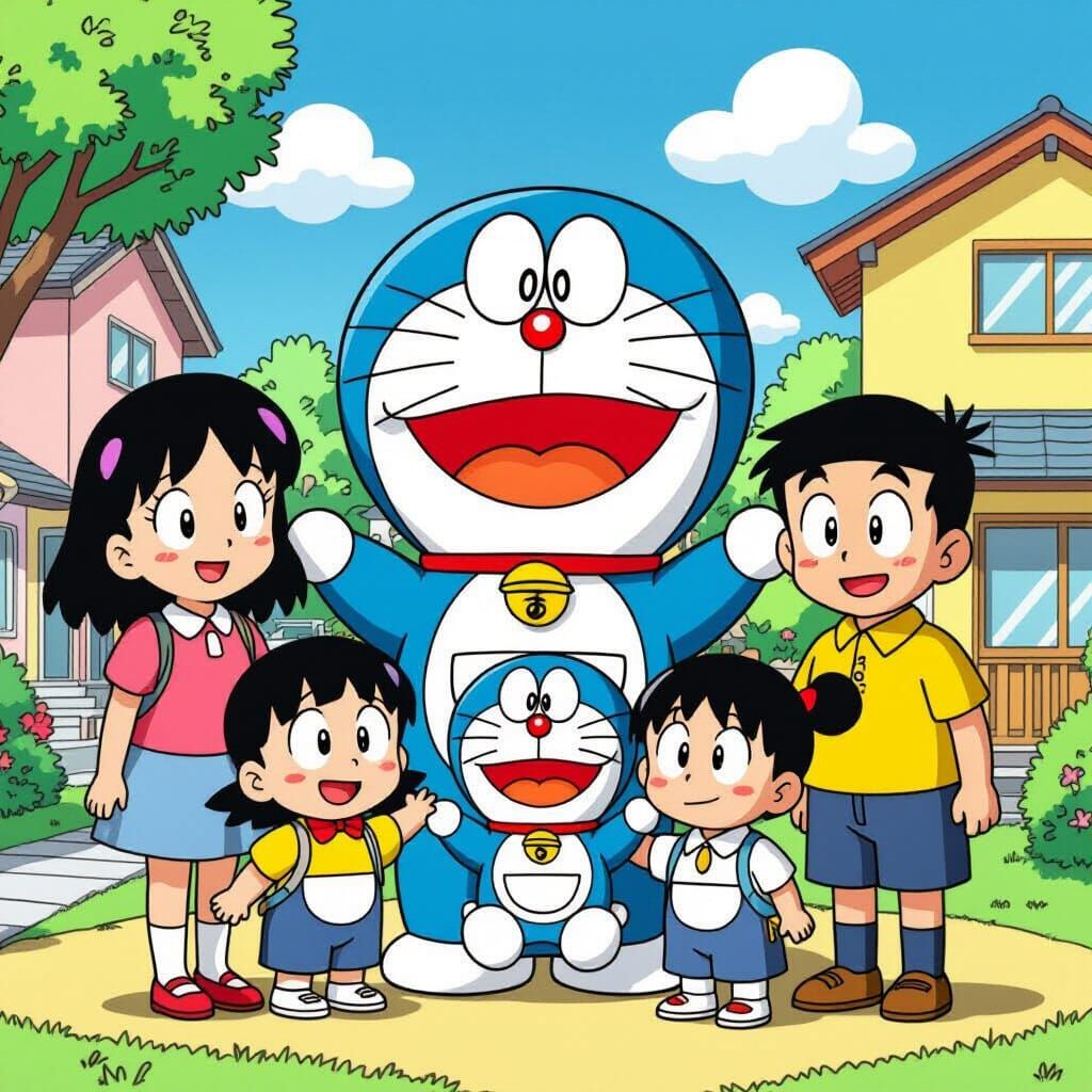 Doraemon and Friends in Japanese Suburb, Whimsical Art