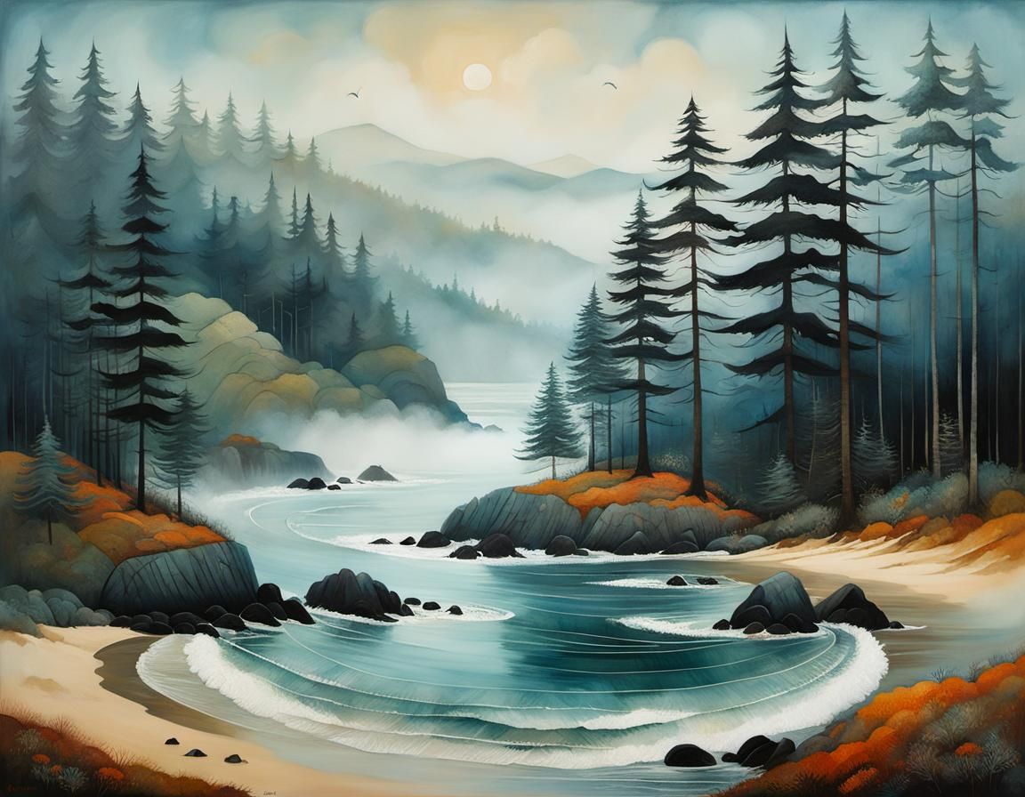 Enchanted Foggy Beach Illustration with Dark Fir Trees