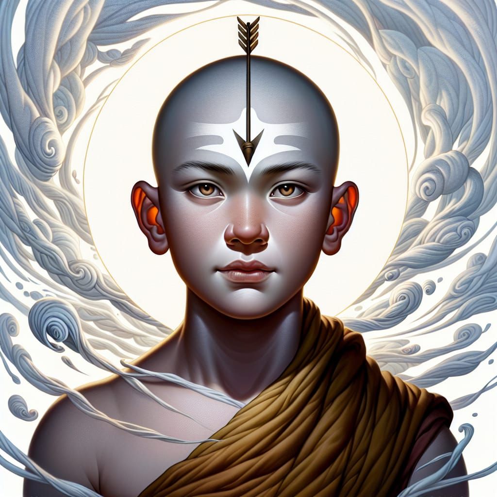 Create an illustration featuring Aang, the last Airbender and the Avatar, bearing the iconic arrow symbol on his forehea...