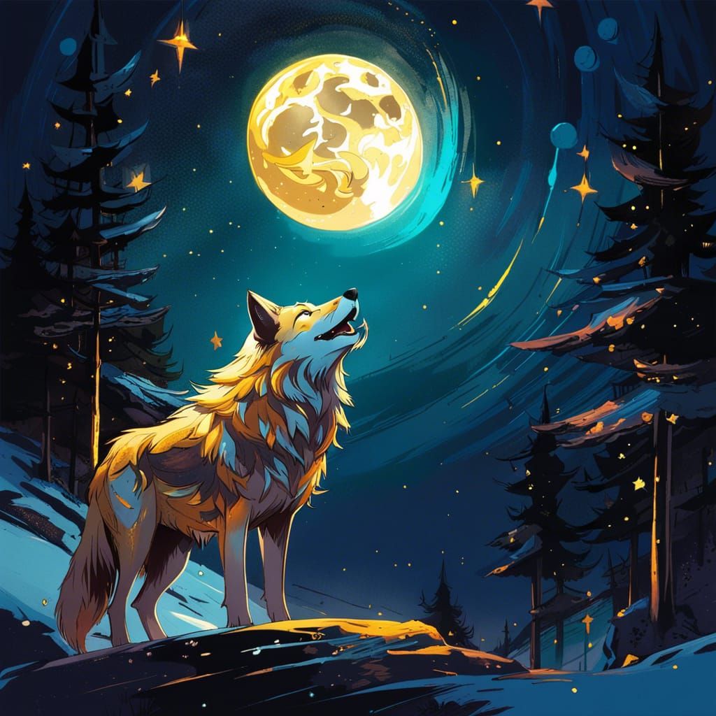 Wolf Howling at Moonlit Sky: Animated Concept Art