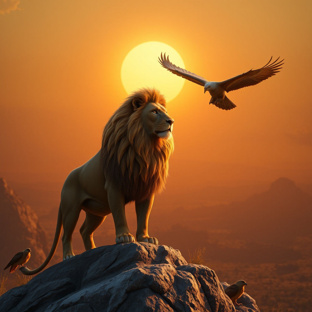 Lion and Eagle in Savannah Sunset, as 3D Render